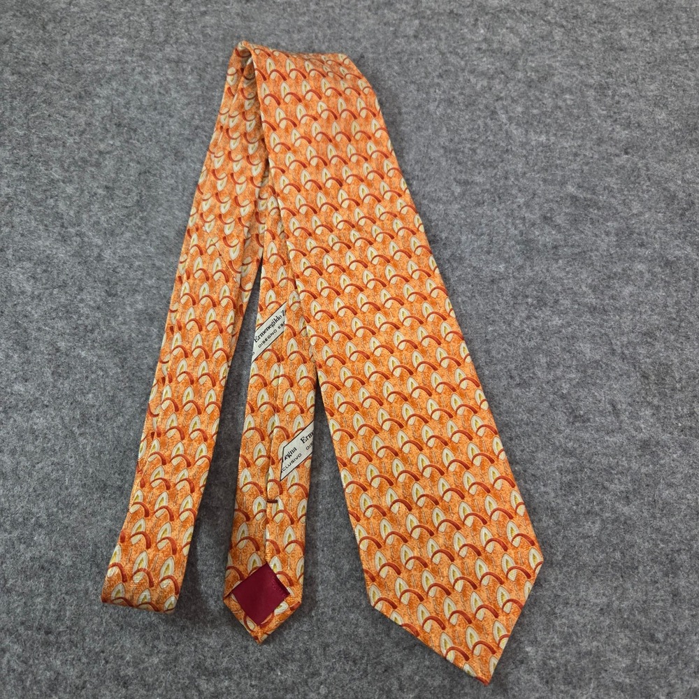 Ermenegildo Zegna Mens Silk Tie Orange Geometric Disegno Esclusivo Italy 58"